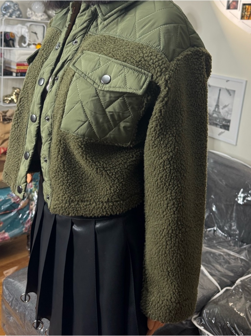 Olive Green Quilted Sherpa Jacket Cropped Cozy Fleece Winter Coat Streetwear NWT